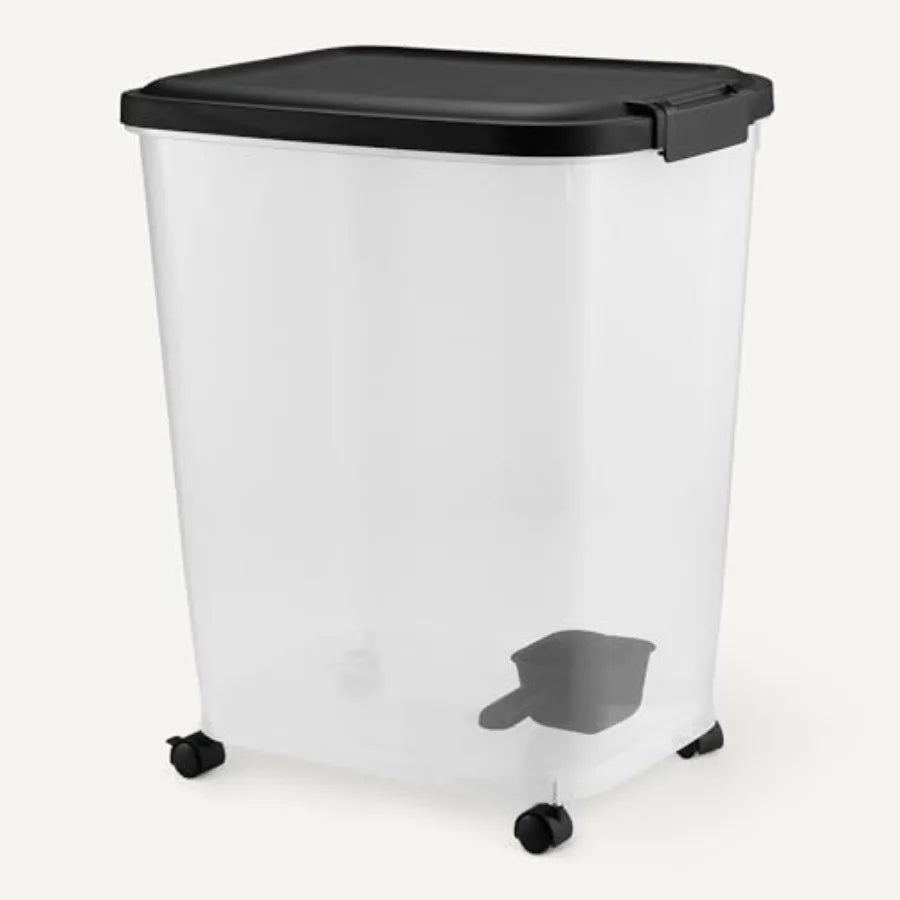Pet Food Storage Container with Rolling Wheels, BPA-Free Plastic.  Comes with Detachable Scoop.  Capacity 50 lb.