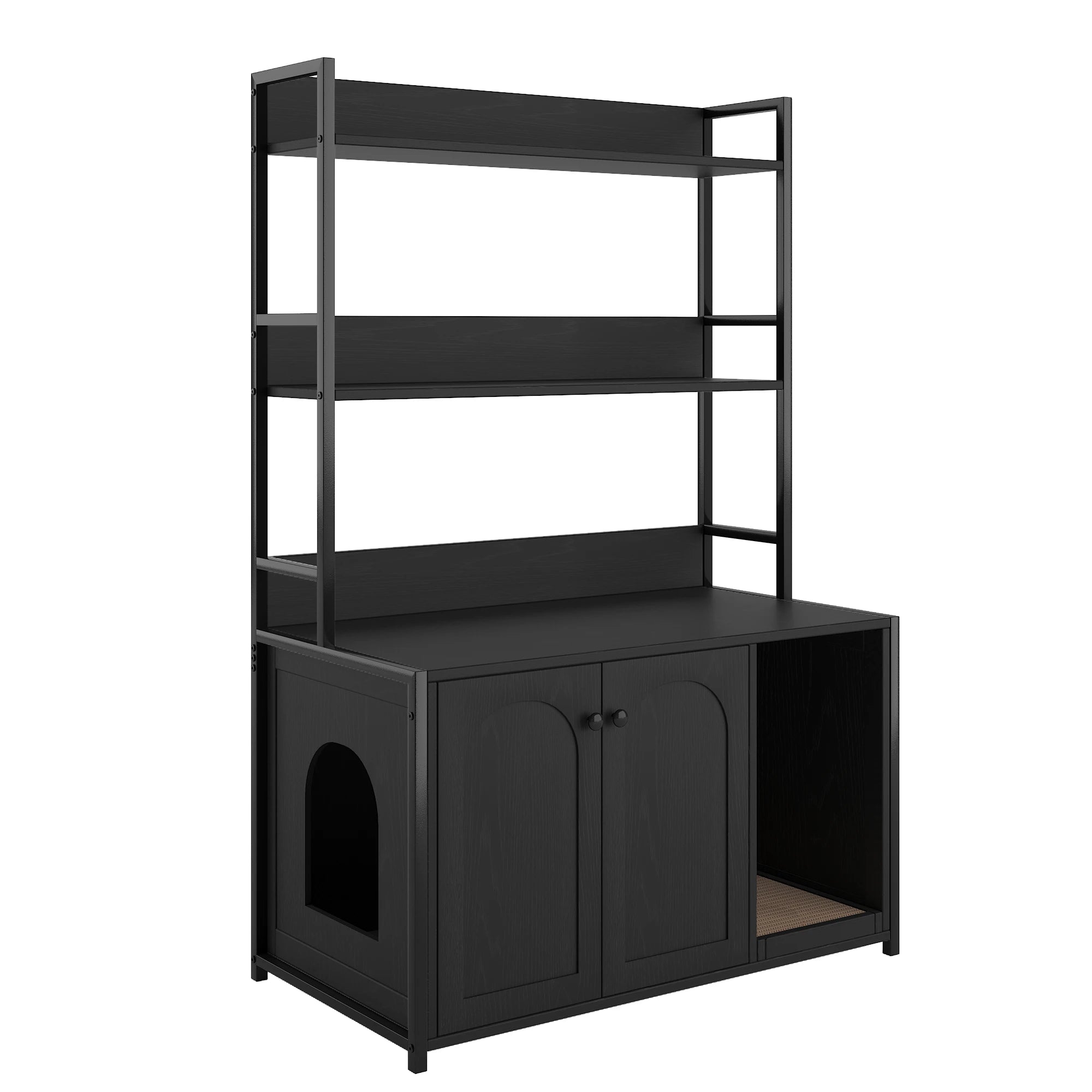 Wood Cat Litter Box Enclosure.  Furniture with Shelves. Indoor Cat Area with Scratch Pad.