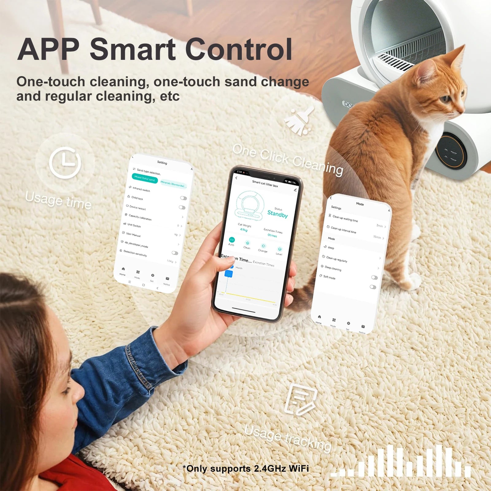 Self Cleaning Cat Litter Box with Trash Bag & Litter Mat Smart Cat Toilet Control 2.4G Wi-Fi.
