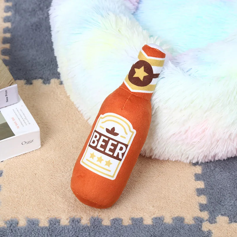Plush Dog Toys Beer Bottle Shaped for Small, Medium and Large Dogs.  Bite Resistant, Squeaky and Interactive.