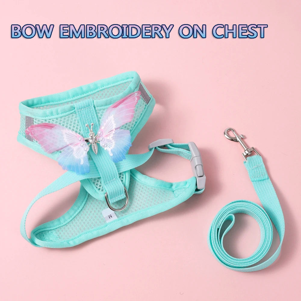 Breathable Cat Harness Set Detachable Butterfly.   Small Dog Harness Vest Set with Leash.