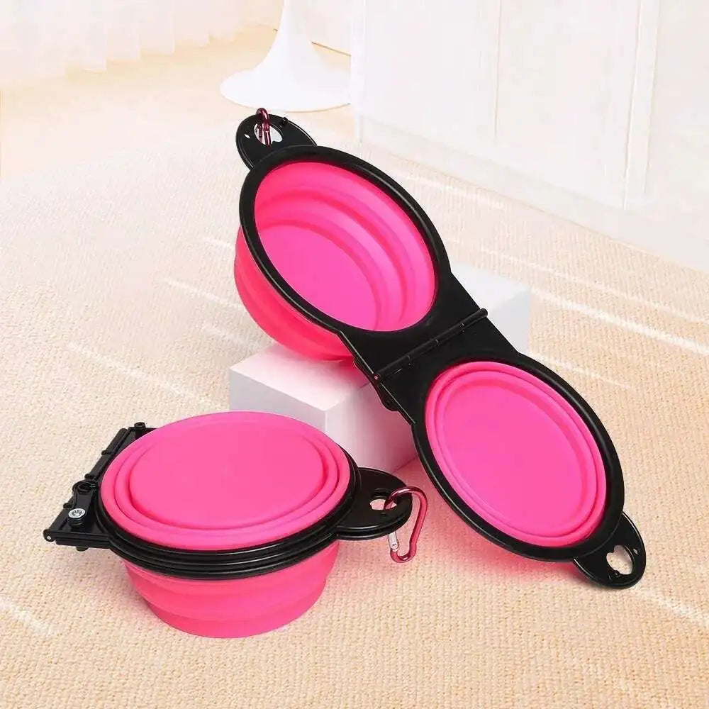 2 in 1 Collapsible Double Dog Travel Bowl.  Folding Bowl Allows One Side for Food and the Other for Water.