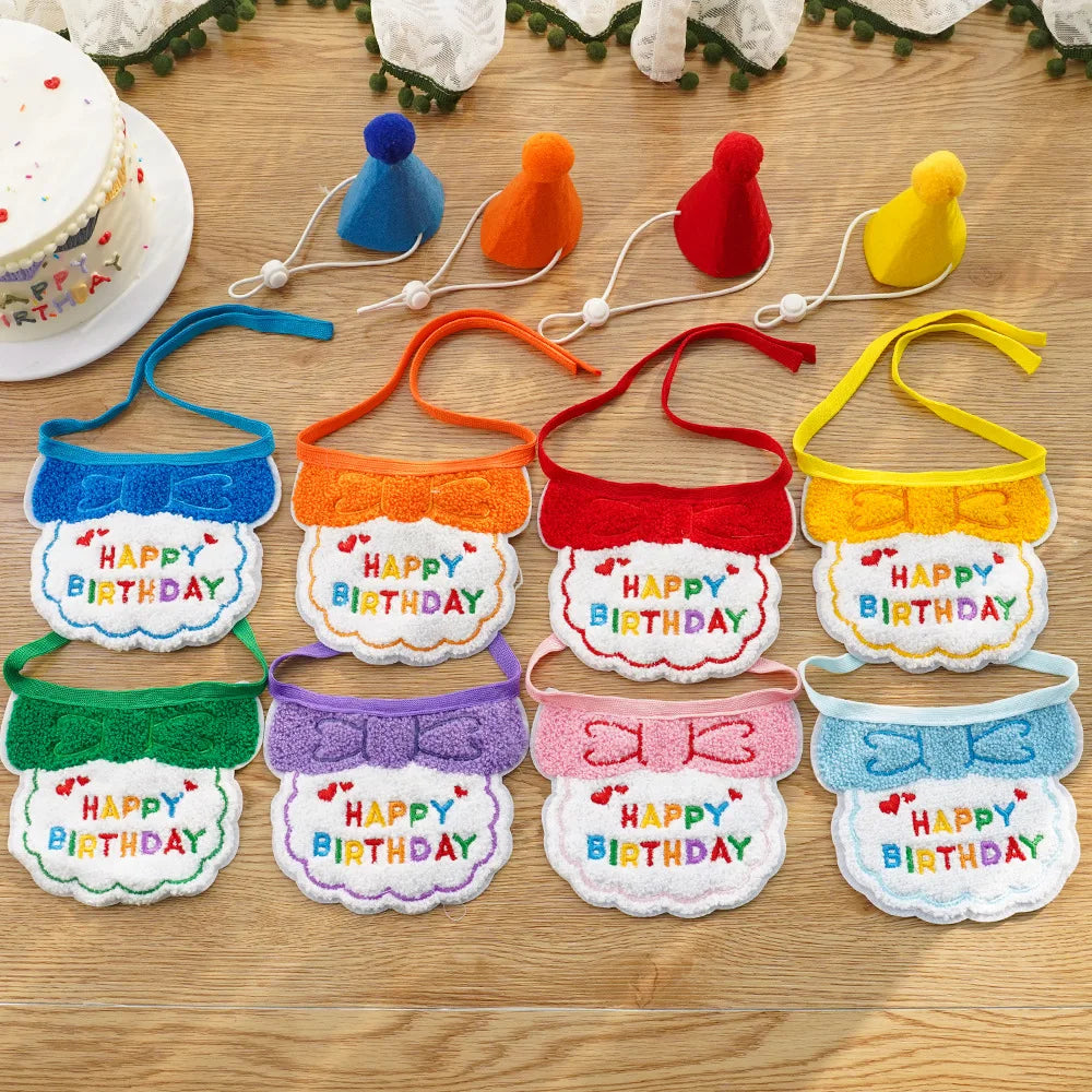 Pet Birthday Hat and Adjustable Scarf Set.  Cat and Dog Birthday Mini Pet Saliva Towels.