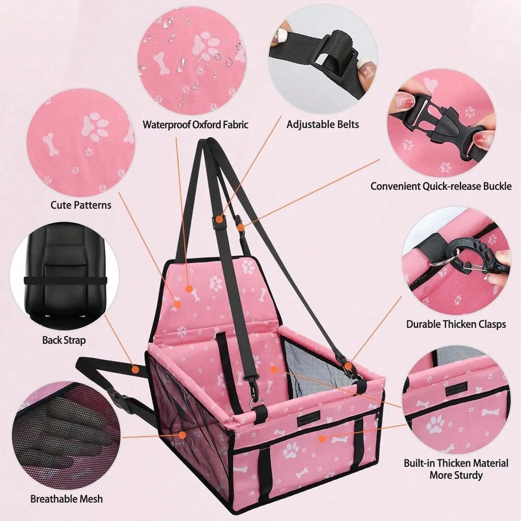Pet Car Booster Seat is Foldable, Waterproof,  Breathable Oxford Travel Bag for Small to Medium Dogs and Puppies.
