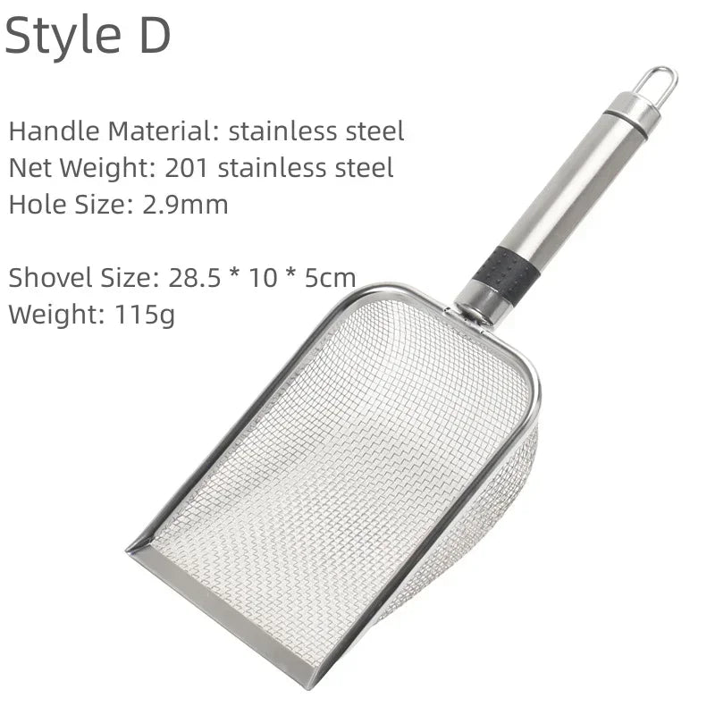 Pet Cat Waste Shovel with a Long Handle.  Shovel is Stainless Steel Metal and the Litter Filter.