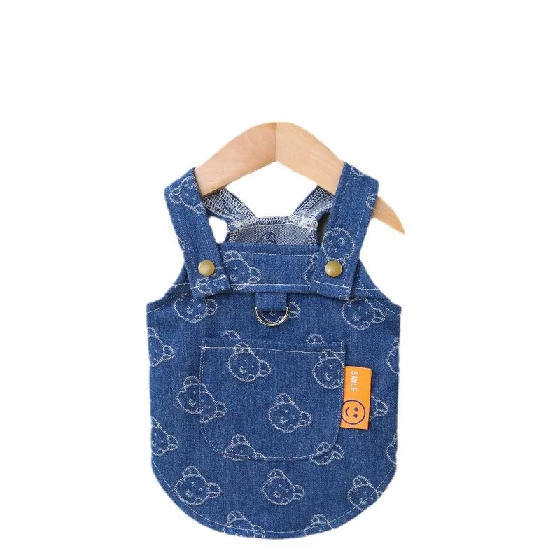 Dog Denim Dress or Dark Wash Jeans Vest Tutu Skirts with Leash D-ring, Summer Clothes for Small Dogs.