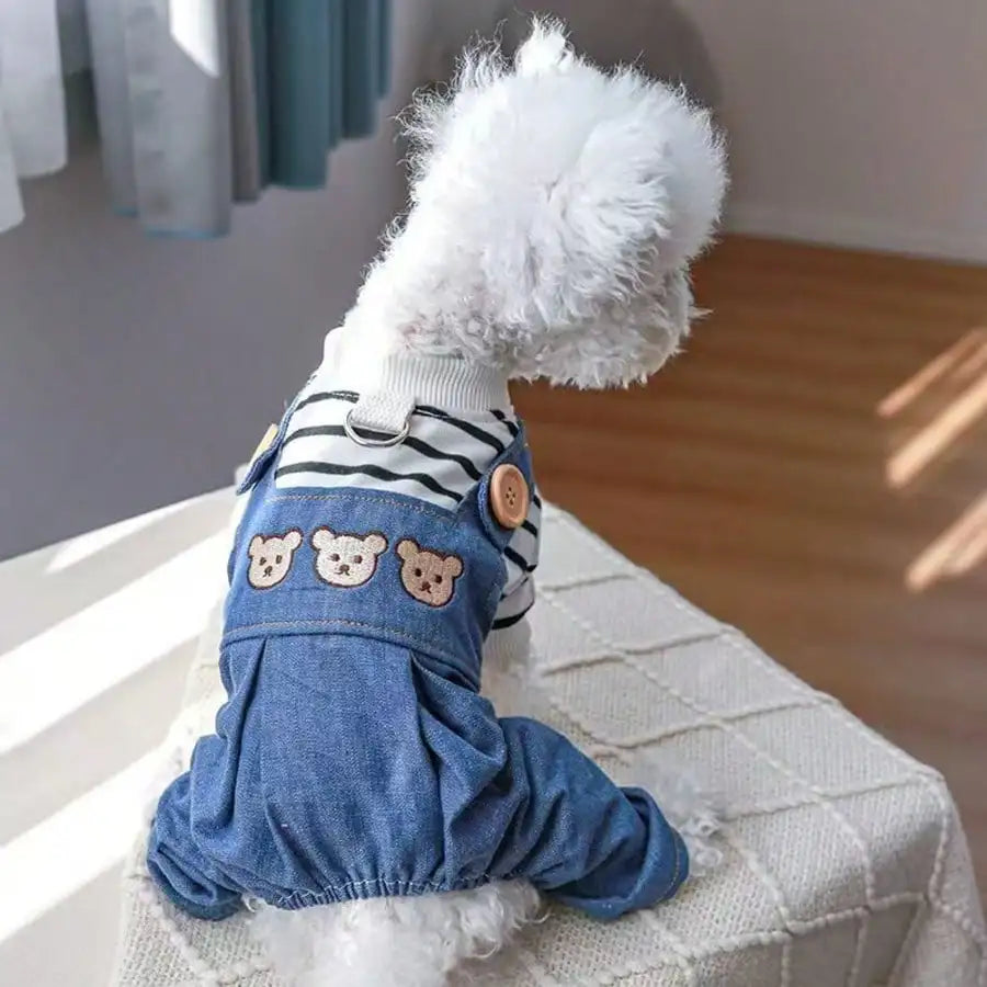 1 piece Spring & Summer Pet Clothes for Dogs and Cats.  Pet Suspender Pants and a  Cute Bear Print on the back of the Casual Jumpsuit.