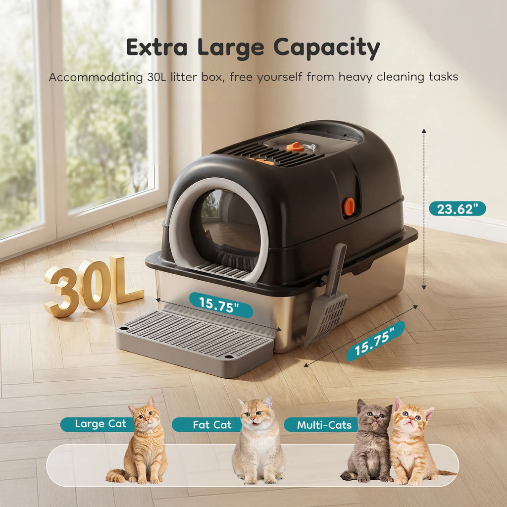 24 IN Stainless Steel Cat Litter Box with Fully Enclosed 30 L Large Cat Litter Box.  Scoop and Mat Included.