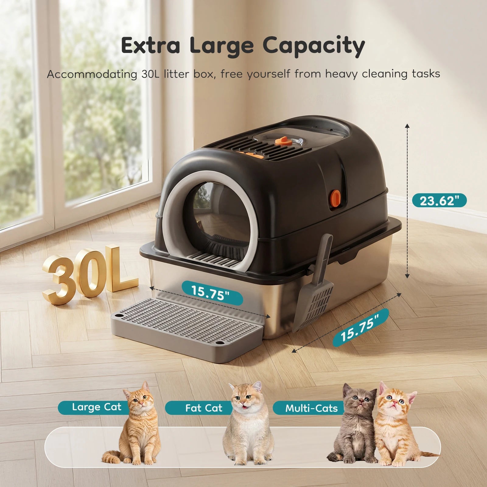 24 IN Stainless Steel Cat Litter Box with Fully Enclosed 30 L Large Cat Litter Box.  Scoop and Mat Included.