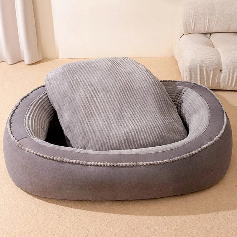A Dog, Cat, Puppy and Kitten are Comfortable in a Donut Round Kennel Soft Bed.