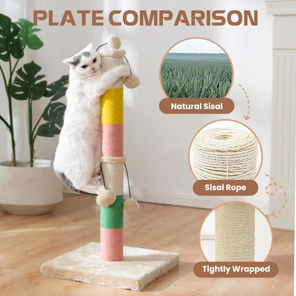 Scratching Post 30 Inch High with 4 Plush Teasing Toy Balls, Natural Sisal Rope Post and Thickened Base.