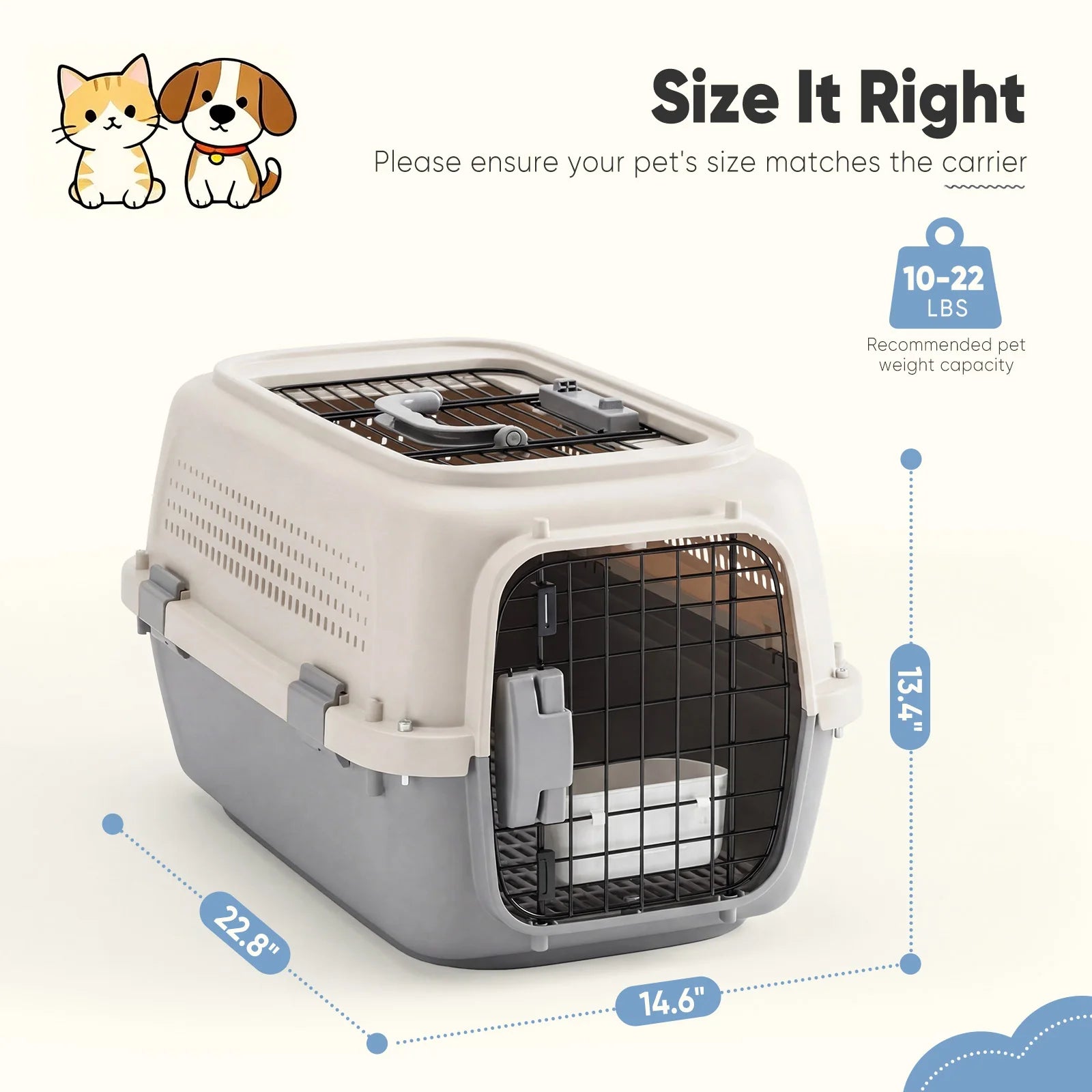 23 Inch Pet Carrier for Small Dogs and  Cats.  Front Top Load Wire Door.  Food Bowl Travel Crate with Enhanced Security.