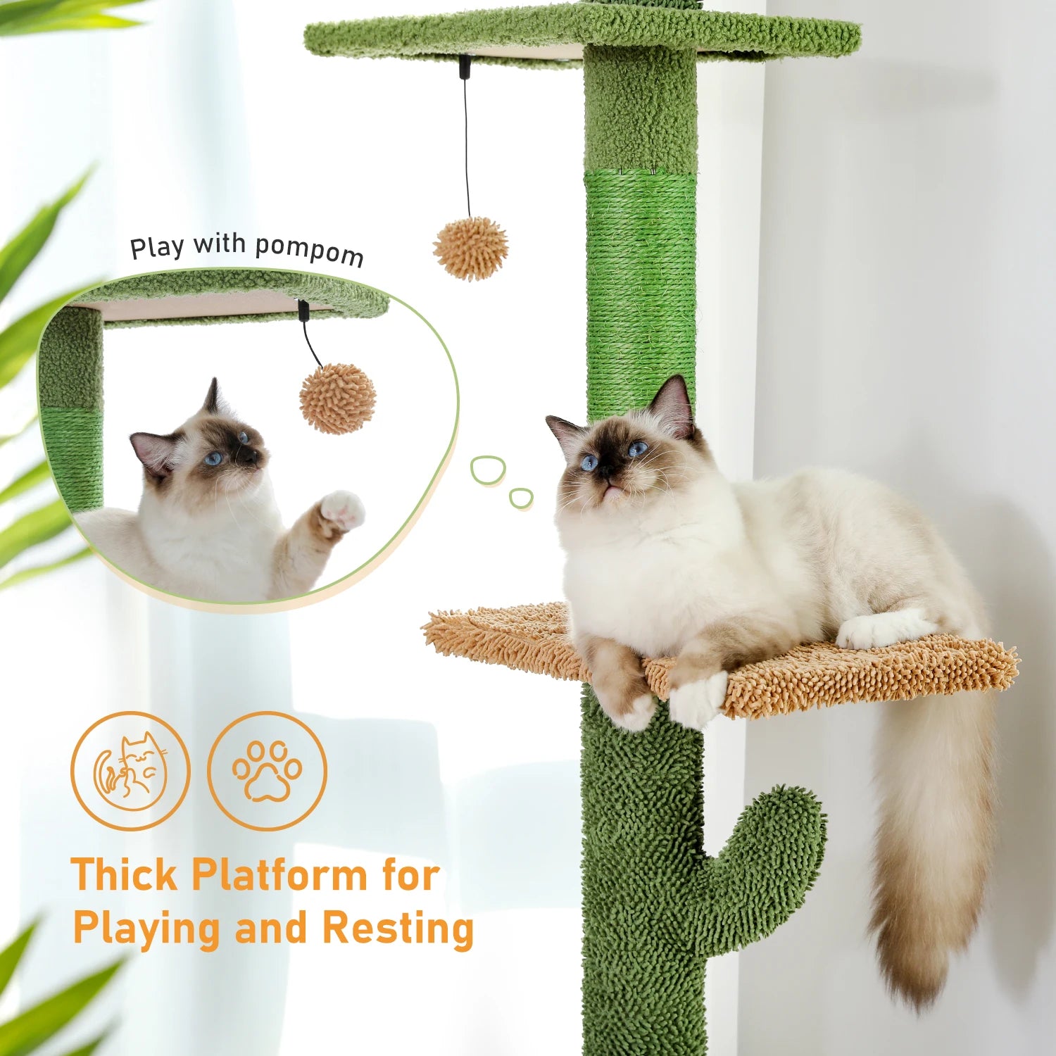 Cat Tower Cactus Tree with Scratching Post,  Hammock and Dangling Ball for Indoor Cats.