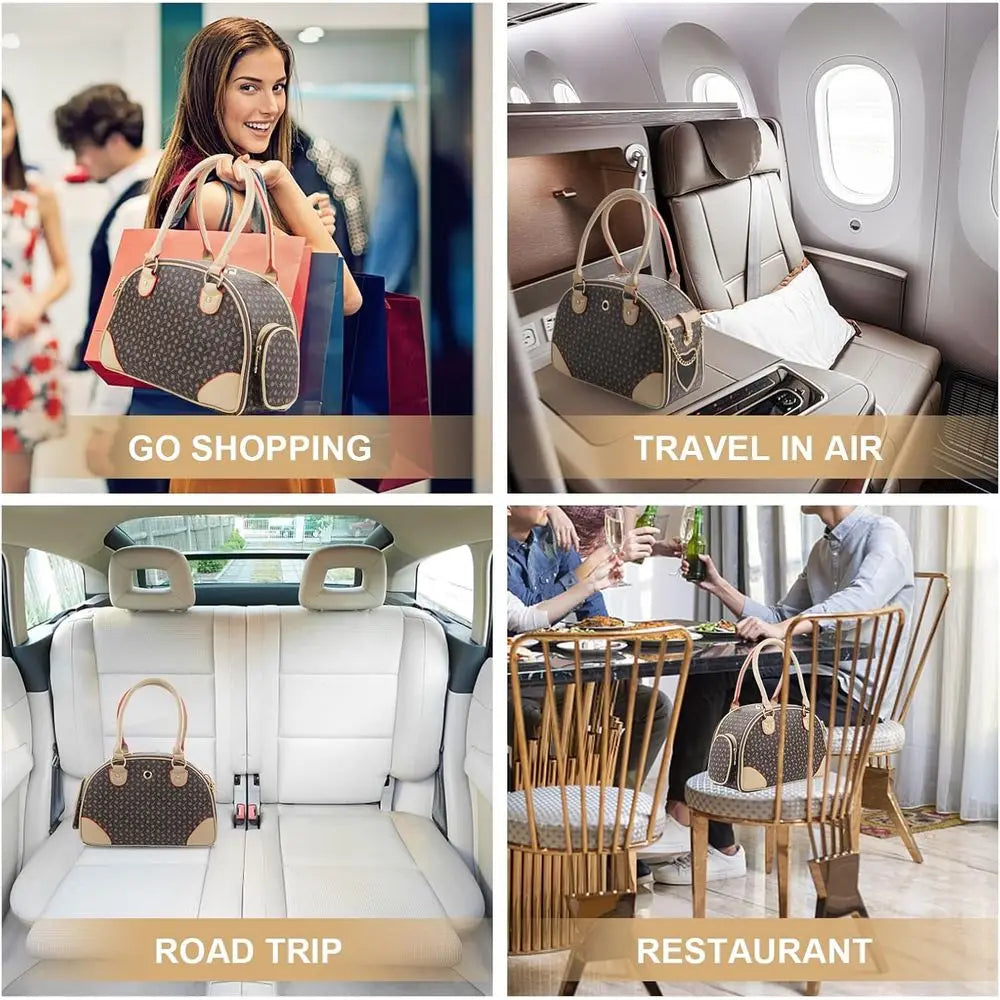 Fashion Dog Carrier PU Leather Dog Handbag.  Extra Small  Dog Purse,  Cat Tote.  Brown, Small 38 * 23 * 17cm.