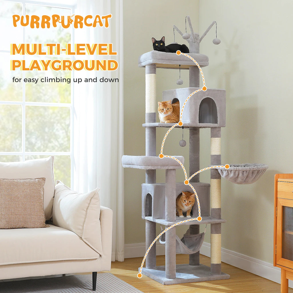 Tall Cat Tree Tower with Hammock, Condo House, Scratching Posts, Perch, Furniture and Cat Toys for Indoor Cats.