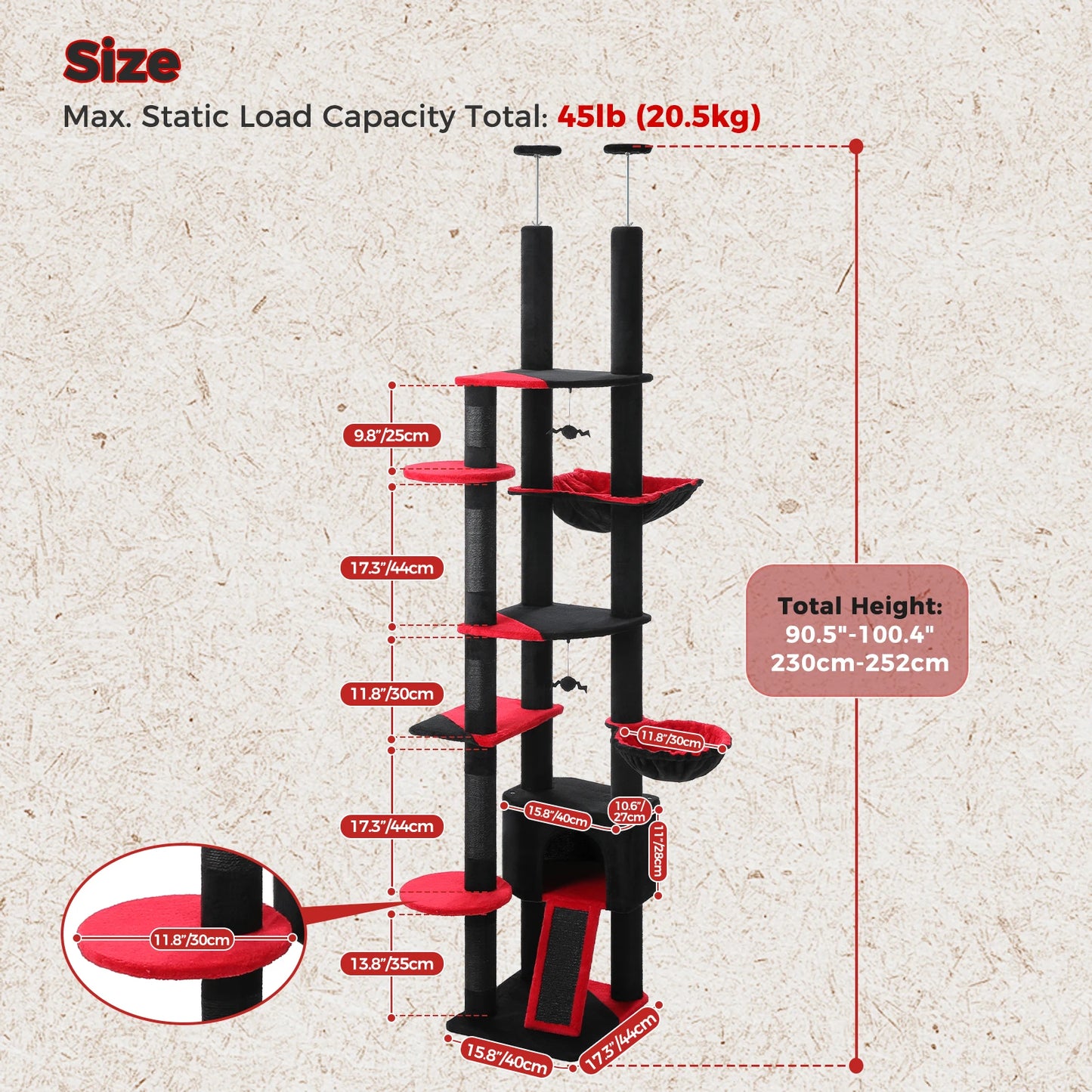 Floor to Ceiling Cat Tree with Scratching Posts and a Hammock for Indoor Cats with Toys.