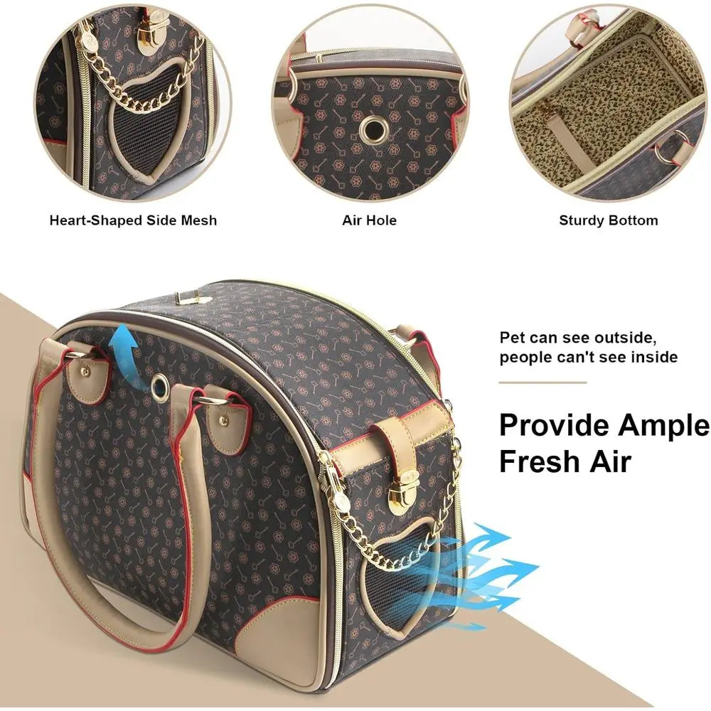 Fashion Dog Carrier PU Leather Dog Handbag.  Extra Small  Dog Purse,  Cat Tote.  Brown, Small 38 * 23 * 17cm.