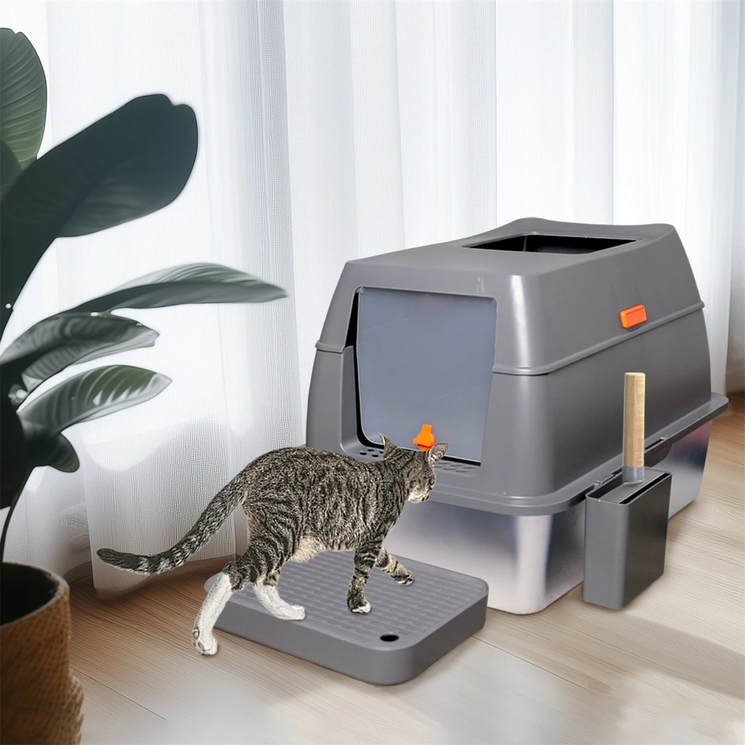 Enclosed Stainless Steel Cat Litter Box with Lid Extra Large for Big Cats.