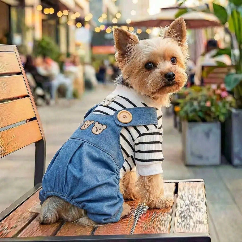 1 piece Spring & Summer Pet Clothes for Dogs and Cats.  Pet Suspender Pants and a  Cute Bear Print on the back of the Casual Jumpsuit.