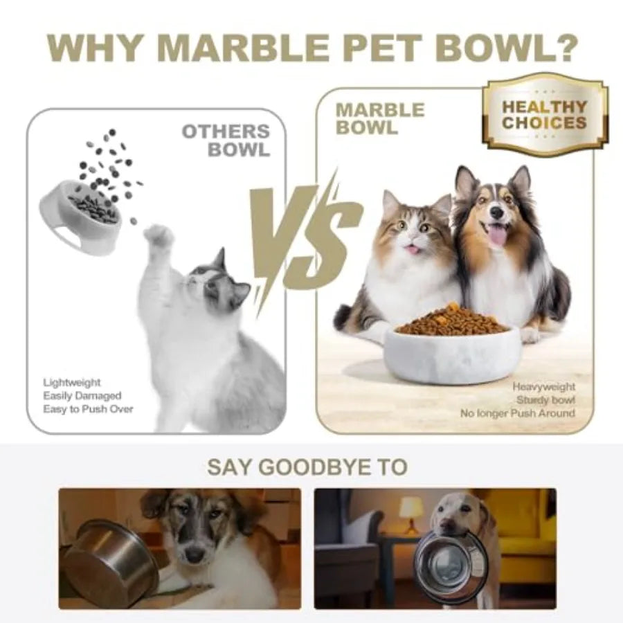 White Marble Dog Bowls, Non-Slip Dog Food and Water Bowl Small, Heavy Duty Bowl for Cats and Medium Dogs.
