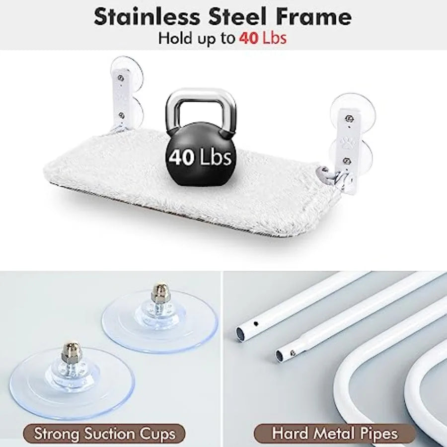 Cordless Cat Window Perch, Cat Hammock for Wall with 4 Suction Cups, Anchor and Screw for Two Ways of Installation.