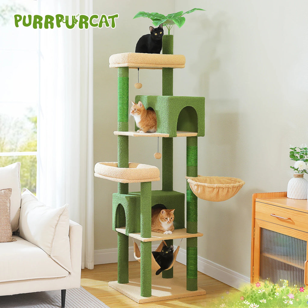 Tall Cat Tree Tower with Hammock, Condo House, Scratching Posts, Perch, Furniture and Cat Toys for Indoor Cats.