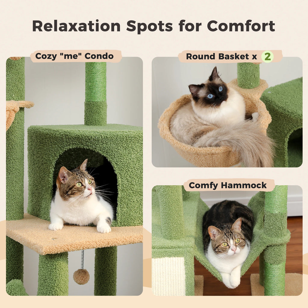 Cactus Cat Tree Tower 7 Tiers Cat Climbing Tree with Hammocks, Condos, Scratching Posts, Ladder and Cat Toys.