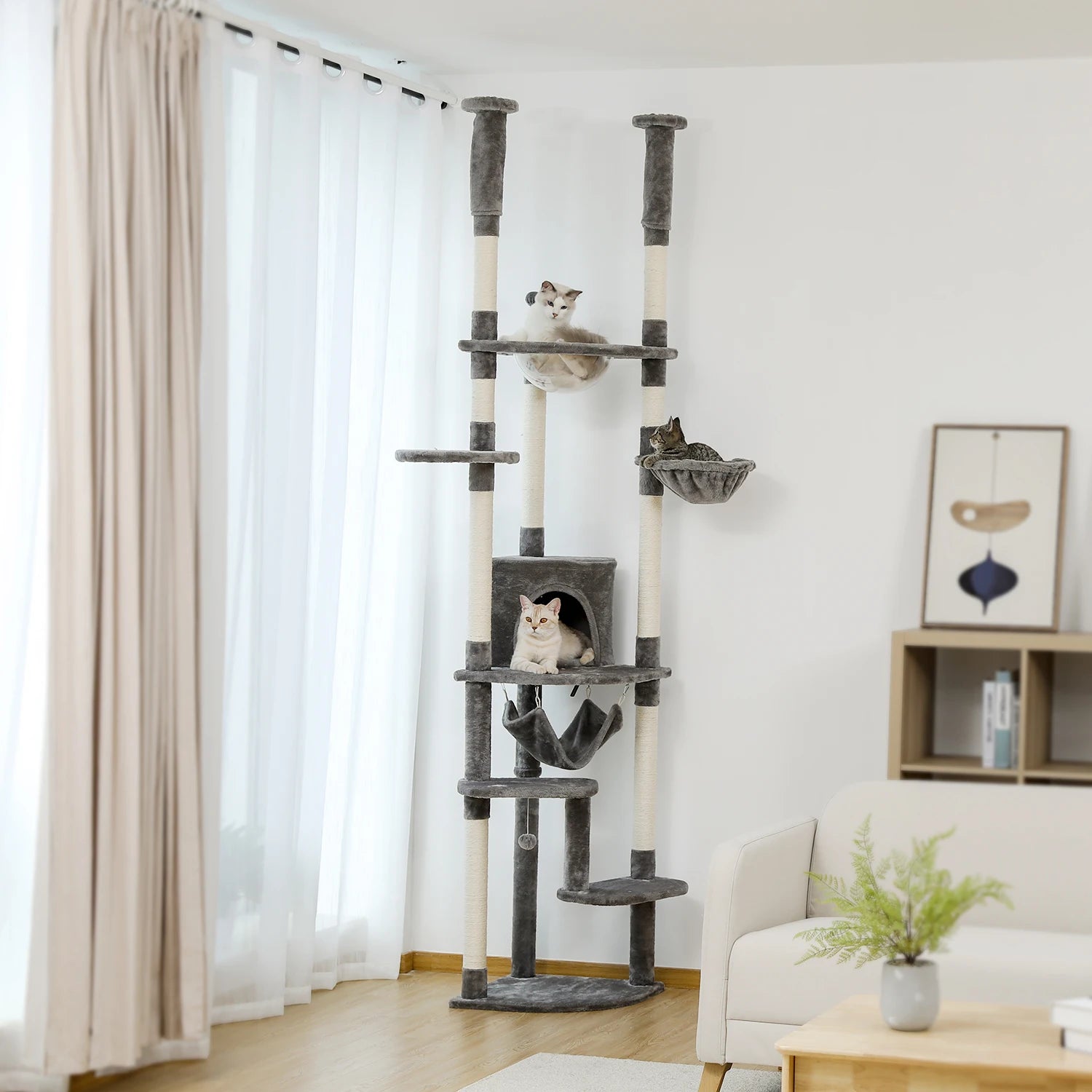 Floor to Ceiling Cat Tree with Adjustable Height, Scratching Posts, and Hammock for Indoor Cats with Toys.
