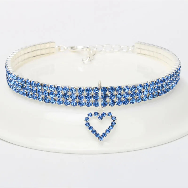 Cat and Dog Collar Three Row Elastic Rhinestone.  Pet Collars Have Decoration on Necklace.