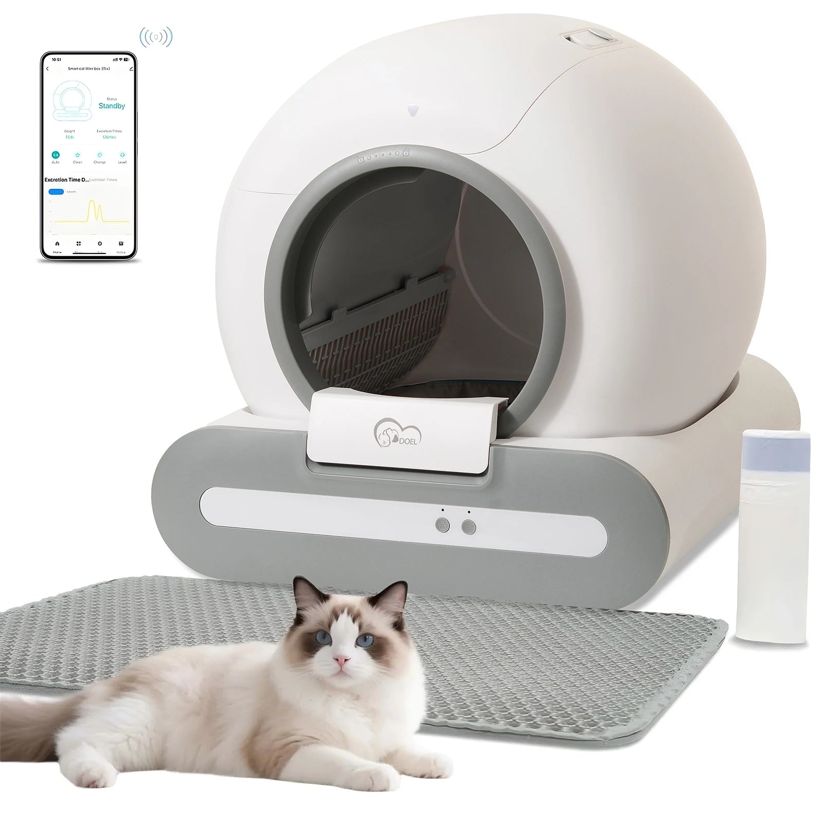 65L Self-Cleaning Cat Litter Box.  Only Supports 2.4G Wi-Fi.  Comes with Litter Mat & Trash Bags.