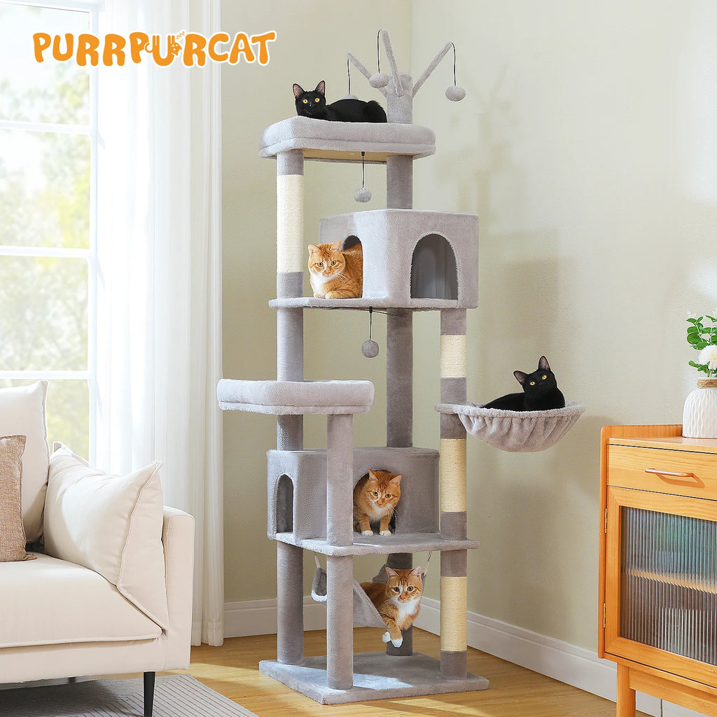 Tall Cat Tree Tower with Hammock, Condo House, Scratching Posts, Perch, Furniture and Cat Toys for Indoor Cats.