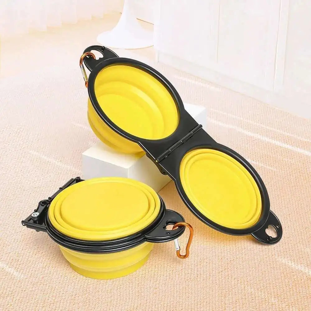 2 in 1 Collapsible Double Dog Travel Bowl.  Folding Bowl Allows One Side for Food and the Other for Water.