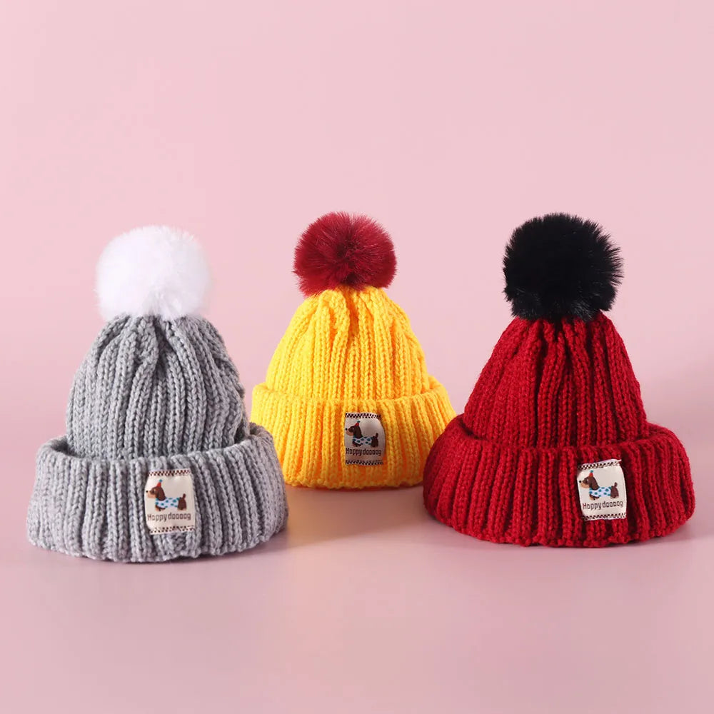 Winter Knitted Dog Hat with Plush Ball and Windproof.