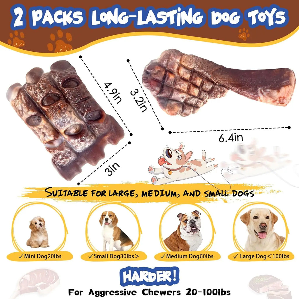 2 Pack Indestructible Dog Chew Toys for Aggressive Chewers - Tough Nylon Bones for Large Breeds
