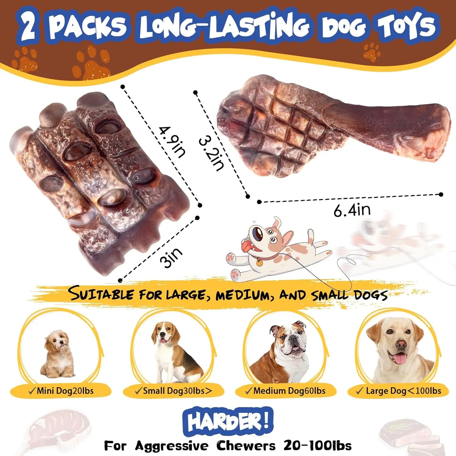 2 Pack Indestructible Dog Chew Toys for Aggressive Chewers - Tough Nylon Bones for Large Breeds