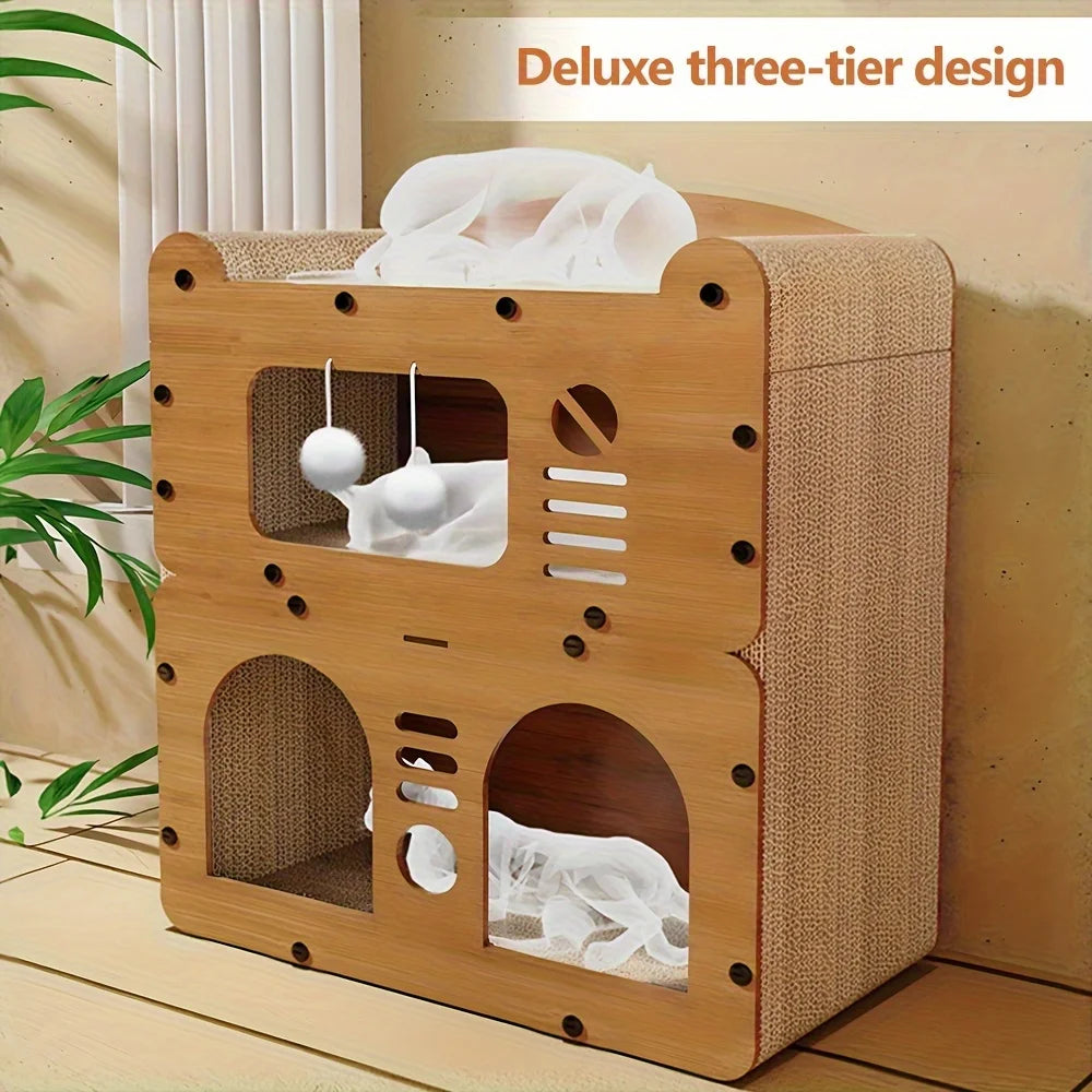 Spacious Cat House for Indoor & Outdoor Use - Multi-Feature Condo with Dual Scratching Boards, Plush Balls, and Ventilation Door
