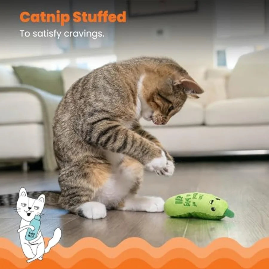 Crunchy Pickle Kicker Cat Toy.  Plush Crinkle Toy with Catnip and Dental Mesh, 6.5".