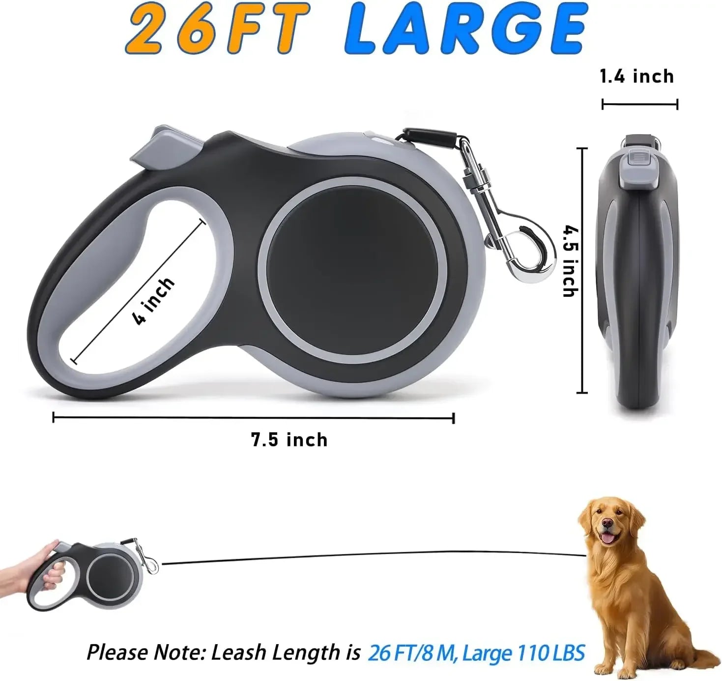 26 Ft Retractable Dog Leash Heavy Duty For Dogs Up To 110 lb.  Anti-Slip Rubberized Handle One Handed Brake Strong Nylon Tape.