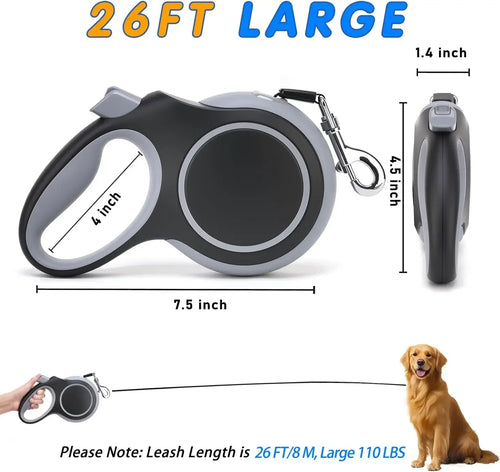 26 Ft Retractable Dog Leash Heavy Duty For Dogs Up To 110 lb.  Anti-Slip Rubberized Handle One Handed Brake Strong Nylon Tape.