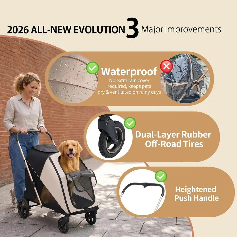 Dual-Entry 4-Wheel Pet Stroller for Large Dogs up to 80 lb. One-Foot Brake, Reflective Tape, Breathable Mesh.