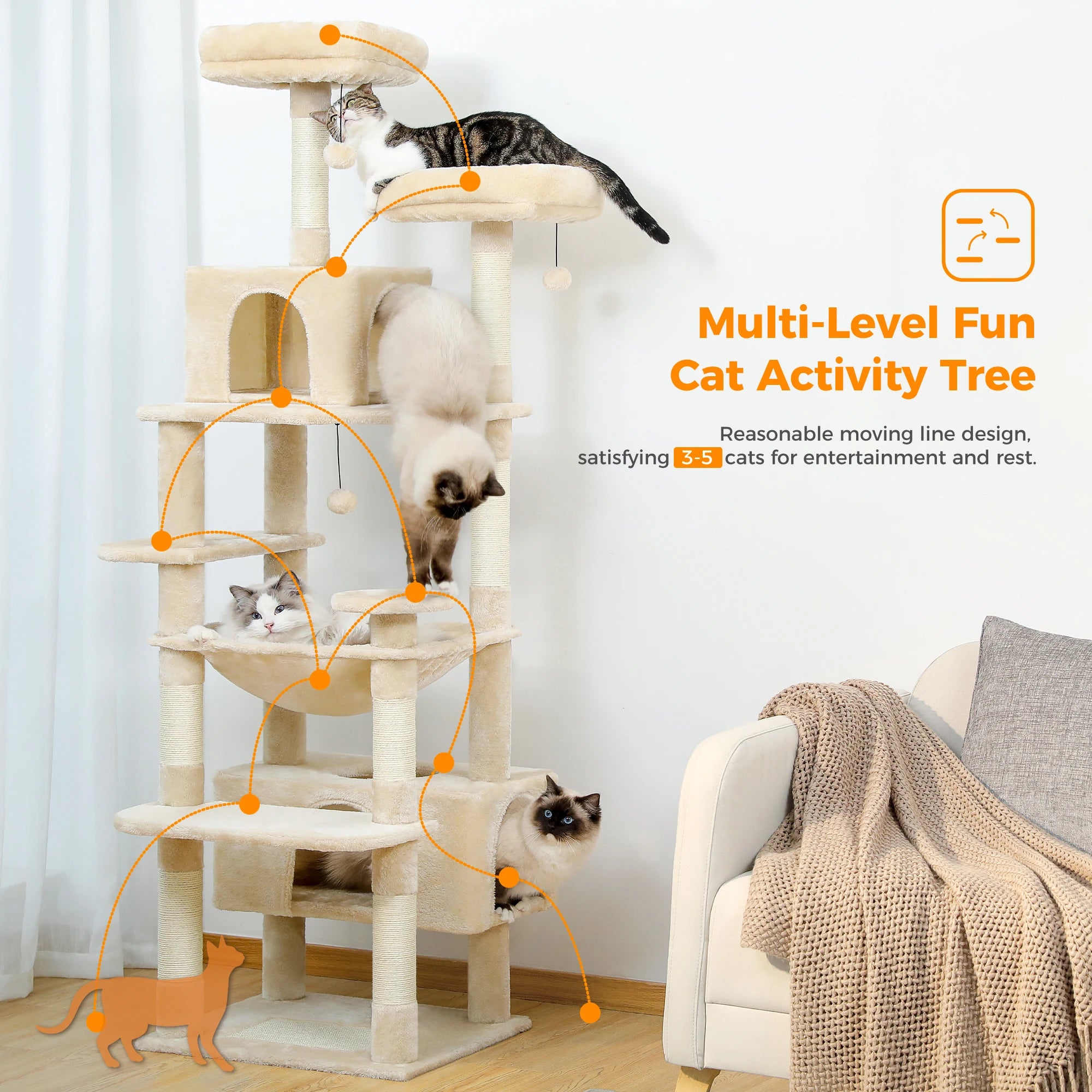 Large Cat Tree Tower Condo for Indoor Cats with Scratching Posts, Hammock, Perches and Toys.
