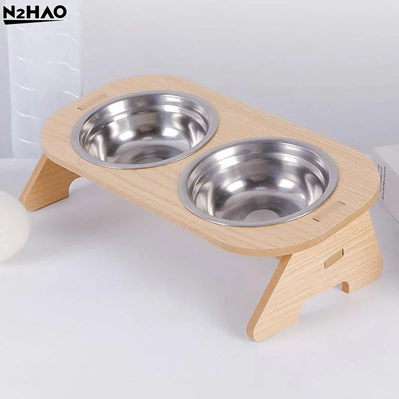 Elevated Cat Bowls 15° Tilted Raised Bowls.  Wooden Stand and Stainless Steel Bowls for Cats And Puppies.
