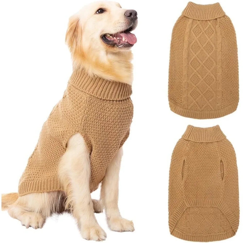 Turtleneck Dog Sweater, Cable Knit Clothes with Leash Hole for Cold Weather,