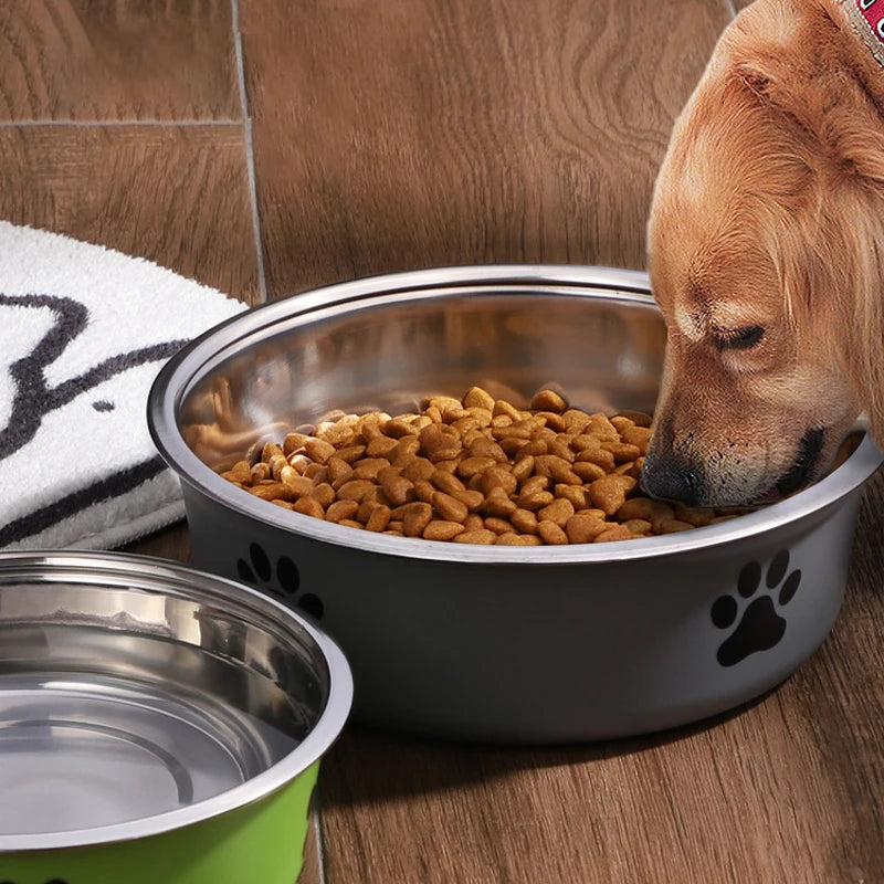 A Pet Stainless Steel Bowl  with  Paw Prints.