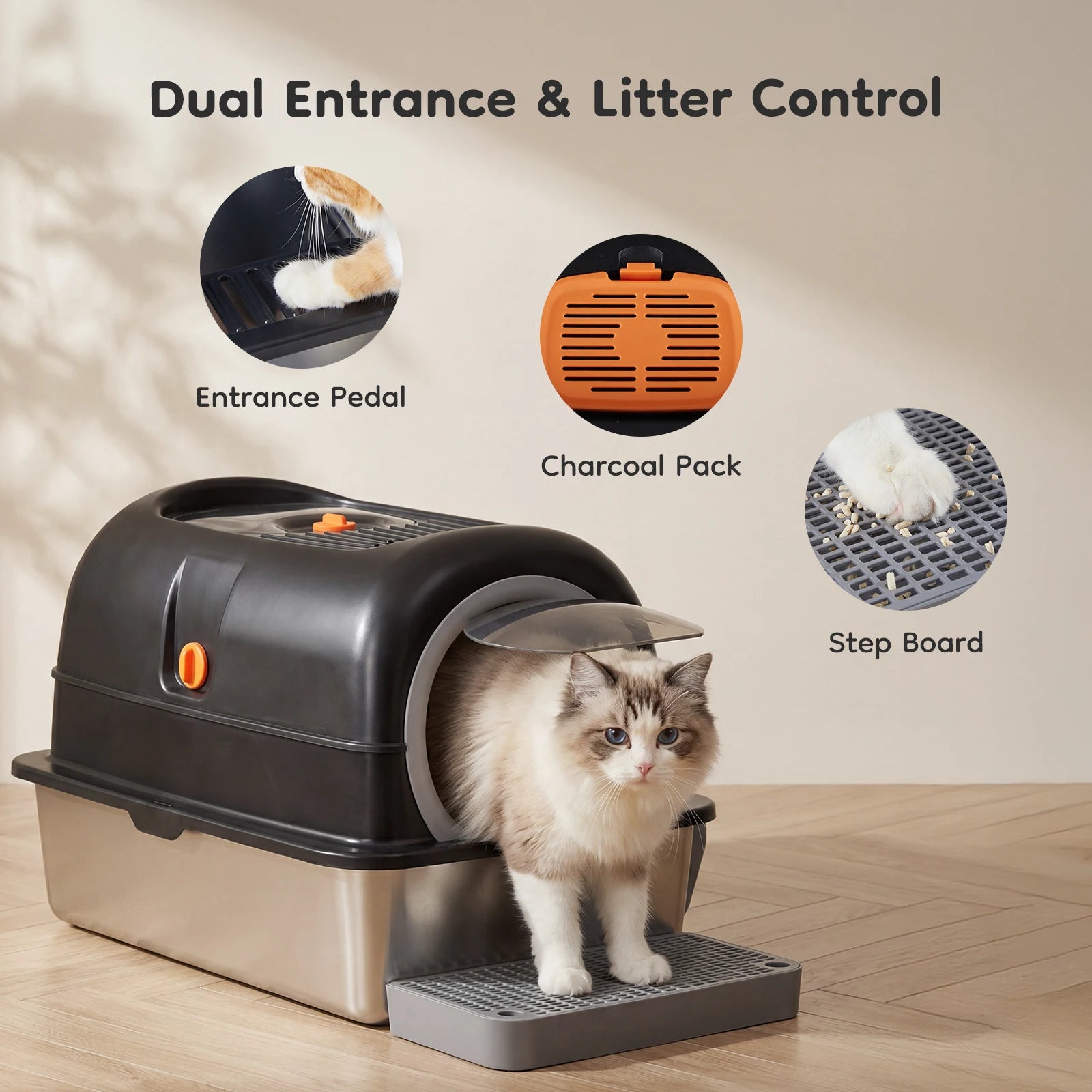 24 IN Stainless Steel Cat Litter Box with Fully Enclosed 30 L Large Cat Litter Box.  Scoop and Mat Included.