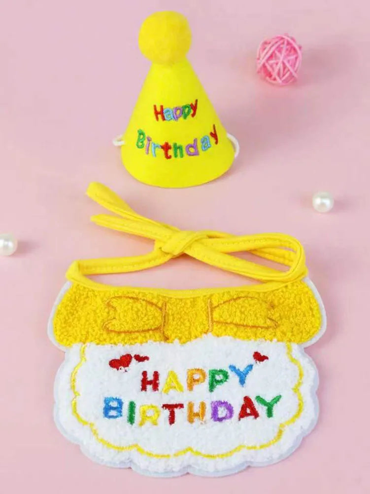Pet Birthday Outfit for Cats and Dogs are a Birthday Bib and Party Hat.   The Bib is an Adjustable Bandana Scarf for Small Dogs, Puppies and Cats.