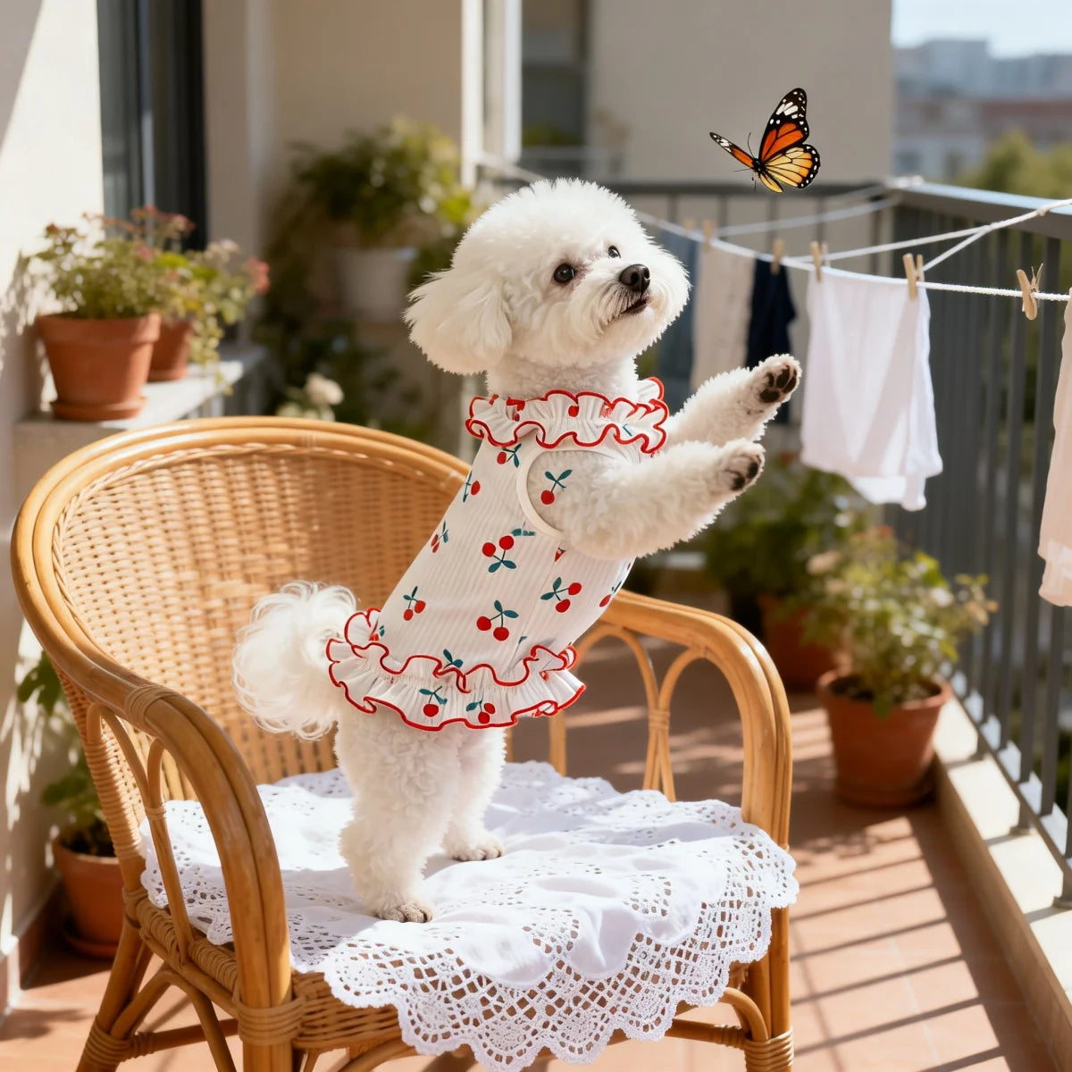 1Piece Cute Cherry Ruffle Dress for Small Dogs, Comfortable Anti-Static Dog Skirt for Summer.