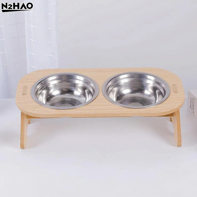 Elevated Cat Bowls 15° Tilted Raised Bowls.  Wooden Stand and Stainless Steel Bowls for Cats And Puppies.