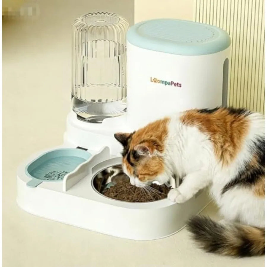 Automatic Cat Feeder and Water Dispenser, 1.1 L Cat Dry Food Dispenser with Stainless Steel Bowl, 800 ml Gravity Water Dispenser.