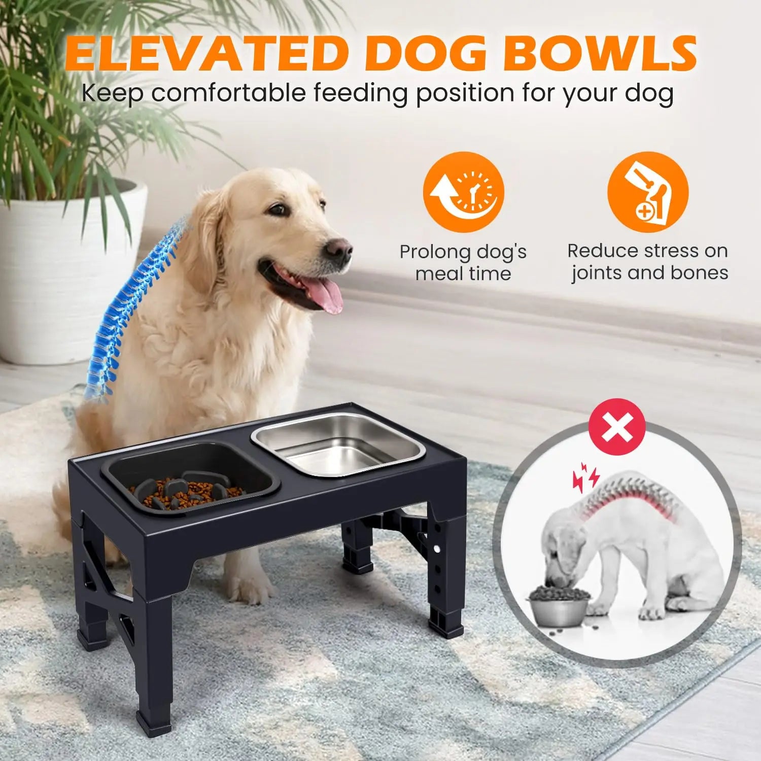 Elevated Dog and Cat Bowls, Stainless Steel/Plastic/ Pet Food & Water Bowls with Foldable Stand.